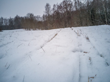 Empty Countryside Landscape in Sunny Winter Day with Snow Covering the Ground, Abstract Background with Deep Look and Car Tracks on Foreground - Concept of Fun and Joyの写真素材