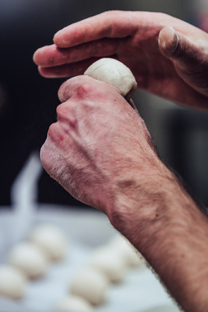 Male Chef Preparing Bread Dough for Self made Bread and Patties - Kitchen Set with Isolated Action, Only Chef`s Hands, Vintage Film Lookの写真素材