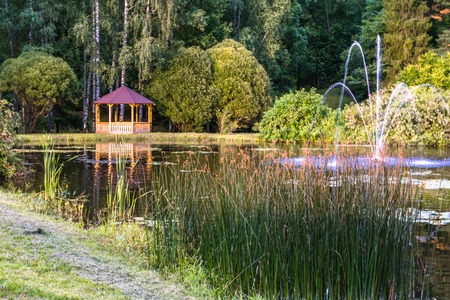 Colorful Photo of the Wooden Summer Garden House in a Park, Between Woods with Blurred Grass Stalks in Foreground - Sunny Autumn Day, Concept of Peace and Harmonyの写真素材
