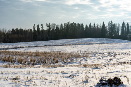 Empty Countryside Landscape in Sunny Winter Day with Snow Covering the Ground, Abstract Background with Deep Look - Concept of Fun and Joyの写真素材
