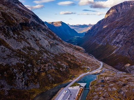 Drone Photo of the Waterfall in Trollstigen, Geiranger, Norway up in the Mountains with Blue Sky in the Background - Concept of Travel and Harmonyの写真素材