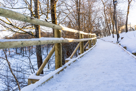 Snowy Photo of the Park on a Sunny Winter day - Wooden Footpath in the Middle of it, Concept of the...