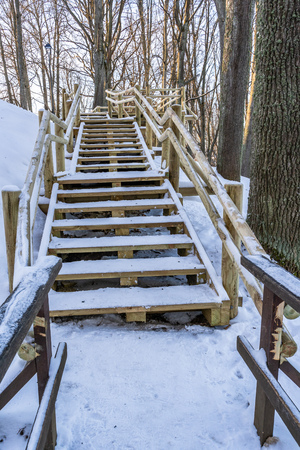 Snowy Photo of the Park on a Sunny Winter day - Wooden Footpath in the Middle of it, Concept of the Harmony and Travel in the Countrysideの写真素材