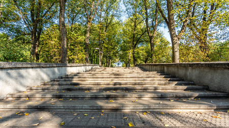 Closeup View of Concrete Stairs in Park in Sunny Autumn Day With Golden Leaves in Trees, Latvia, Europe, Concept of Relaxing Travel day in Peace and Harmony on Countryside, Abstract Backgroundの写真素材