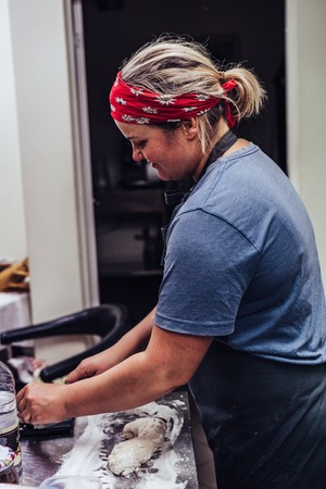 Female Chef Preparing Bread Dough for Self made Bread and Patties - Kitchen Set with Isolated Action, Only Chef`s Hands, Vintage Film Lookの写真素材