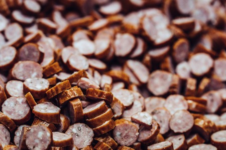 Detailed Closeup Photo of Sliced Sausages - Background Material of Isolated Food, Vintage Film Lookの写真素材