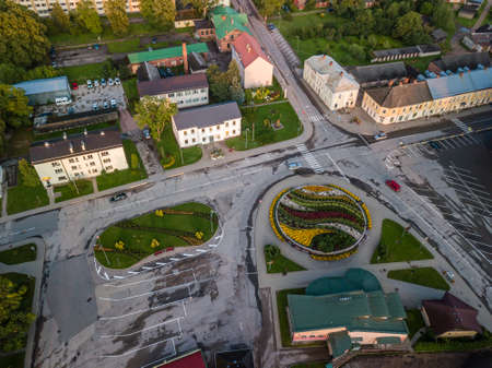 Big flower circle in the middle of city center - aerial overviewの写真素材
