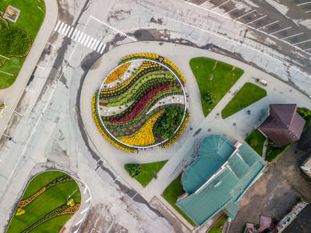 Top down view of flower circle in city center - empty streetsの写真素材