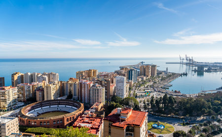 Malaga, Spain 10th of January, 2020: City Overview of the Port, Hotel Resorts and Bull Fighting Arenaのeditorial素材
