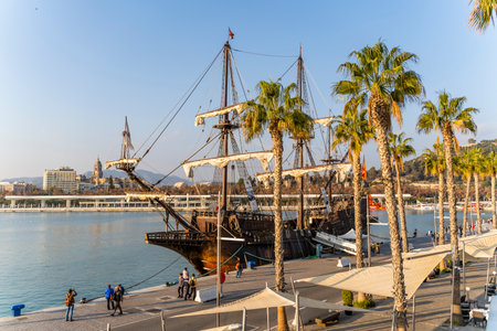 Malaga, Spain 10th of January, 2020: Tourists Visit Wooden Ship Exhibit in Portのeditorial素材