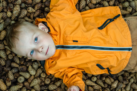 Blue Eyed Kid Laying on Ground with Pine Cone Backgroundの写真素材