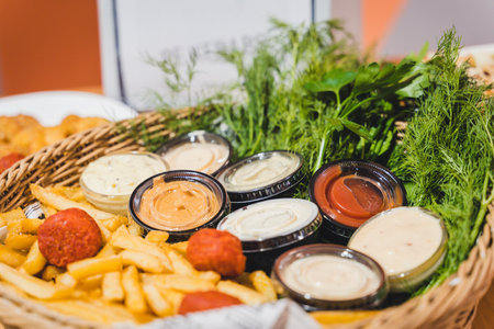 Varieties of Sauces in Small Cups in Fast Food Snack Basketの写真素材