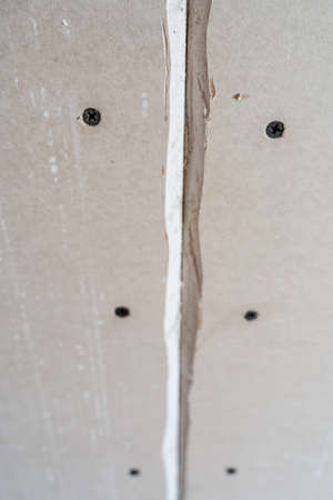 White gypsum plasterboard or drywall Crack for Filling on wall with Black Screw Heads, Renovation and Home remodelingの写真素材