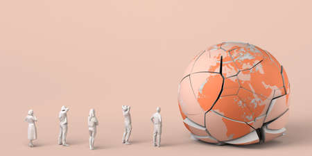 Planet earth crashing to the ground, broken and cracked, and a crowd of people watching. Planet in danger and fragile. 3D illustration. Copy space.の写真素材