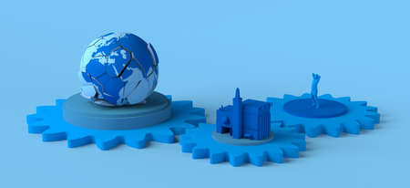Cracked and crashed planet earth on gears with polluting factory and person watching. Planet in...