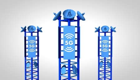 Communication antennas with 5G text. Network concept. 3D illustration. Background.