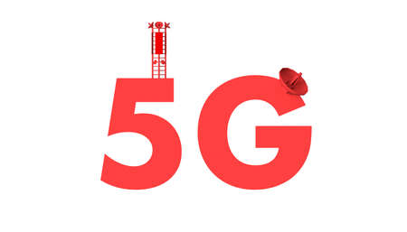 5G text with communication antennas. 3D illustration. Networks. Background.
