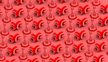 5G text pattern and red antennas. 3D illustration. Background.の写真素材