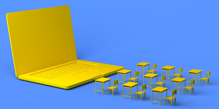 Online school. Laptop in front of class desks. 3d illustration.の写真素材