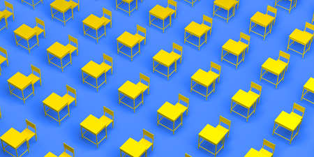 School desks banner. Back to school. 3d illustration.の写真素材
