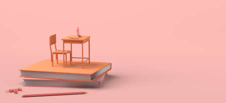 Concept of school. Desk with school objects on books. 3D Illustration. Back to school. Copy space. Banner.の写真素材
