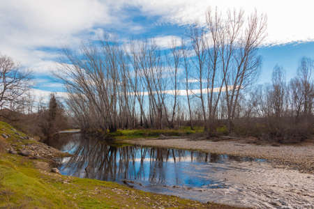 Landscape of a river on a cloudy day with reflection of the trees in the water.の写真素材