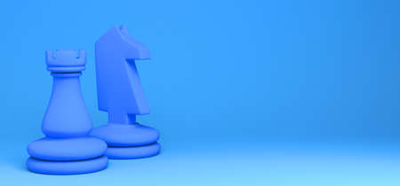 Chess pieces. Horse and tower on blue background. 3D illustration. Abstract.の写真素材