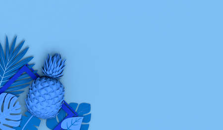 Background with space for text with plants and pineapple in pastel blue colors. Summer concept. 3D illustration.の写真素材