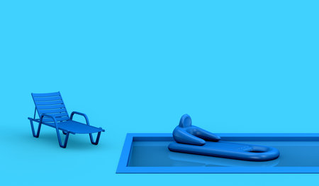 Beach lounger in a pool with inflatable on the water in pastel blue background. Summer and vacation concept. 3D illustration.の写真素材