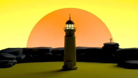 Abstract sunset with a lighthouse and a person. Banner. Background. 3d illustration.の写真素材