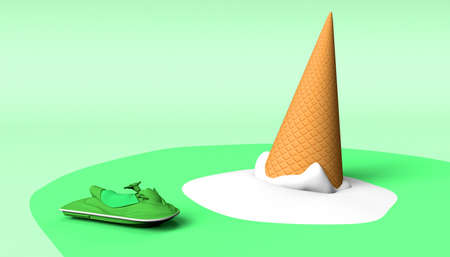 Ice cream cone melting with jet ski. Summer concept. 3D rendering. Background.の写真素材