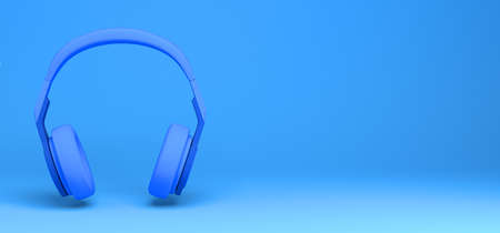 Modern headphones on blue background 3D illustration.