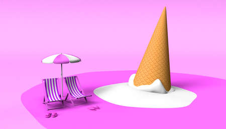 Melting ice cream cone with folding beach chairs and umbrella. Summer concept. 3D rendering. Background.の写真素材