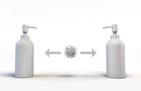 Concept of social distancing with two dispensers of soap on neutral white background. 3D render. Attention to health.の写真素材