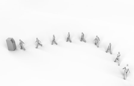 Social distancing. People queuing to withdraw money at an ATM while keeping the safe distance. Neutral white background. Health care concept. 3d renderの写真素材