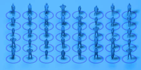 Concept of social distance. People keeping safety distance isolated with a circle. Safety distance. pastel blue background. Health care concept. 3d renderの写真素材