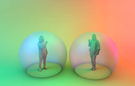 Social distancing. Two people keeping the safety distance inside bubbles.  Health care concept. 3d render.の写真素材