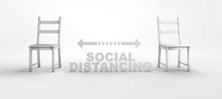 Poster with text of social distancing and two separate chairs. Health care concept. 3D render.の写真素材