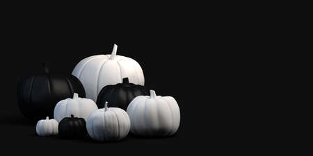 Black and white pumpkins on dark background. Halloween banner for party ad or shopping sales. 3D illustration. Copy space.の写真素材
