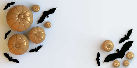 Pumpkins and bats on white background. Flat Lay. Halloween banner for party ad or shopping sales. 3D...