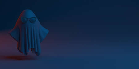Halloween banner. Ghost with sunglasses. 3D Illustration. Horror party. Copy space.の写真素材