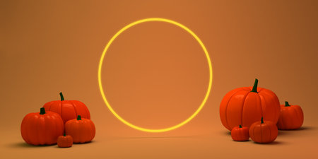 Pumpkins on orange background with circular frame for text or advertisement. Party, sales or halloween shopping. 3D illustration. Copy space.の写真素材