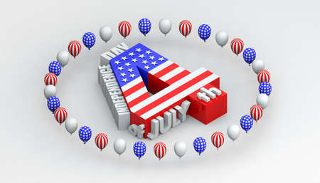 3D illustration of the text 4th of July surrounded by balloons to celebrate Independence Day. Isometric perspective.の写真素材