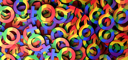 Abstract background with the feminine and masculine symbols with the colors of the pride flag. 3D...
