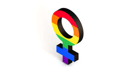 Female symbol in the colors of the pride flag on neutral white background. 3D illustration. Isometric view.の写真素材