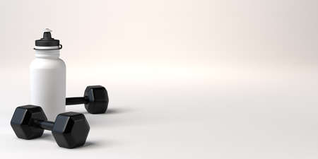 Background with dumbbells and bottle for drink. Sport and fitness after work. Exercise in the gym. Workout. 3d illustration.の写真素材