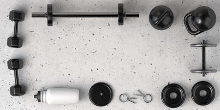 Background with dumbbells and bottle for drink. Sport and fitness after work. Exercise in the gym....