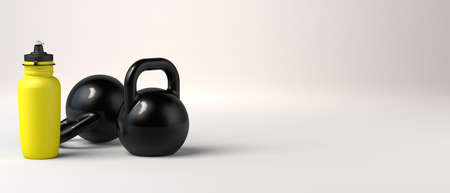Background with dumbbells and bottle for drink. Sport and fitness after work. Exercise in the gym. Workout. 3d illustration.の写真素材