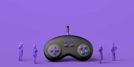 Giant gamepad watched by people. Gaming concept. Banner. App. Copy space. 3D illustration.