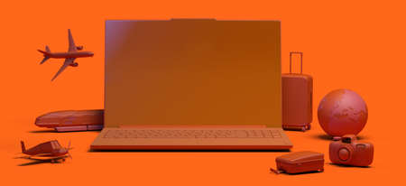 Travel concept with laptop. Banner. Plane, train, suitcase, camera, balloon ... Copy space. App.の写真素材